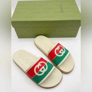 ❌SOLD❌Women Red White Green Interlocking G Slide Rubber Sandals Size 40 (US 10)